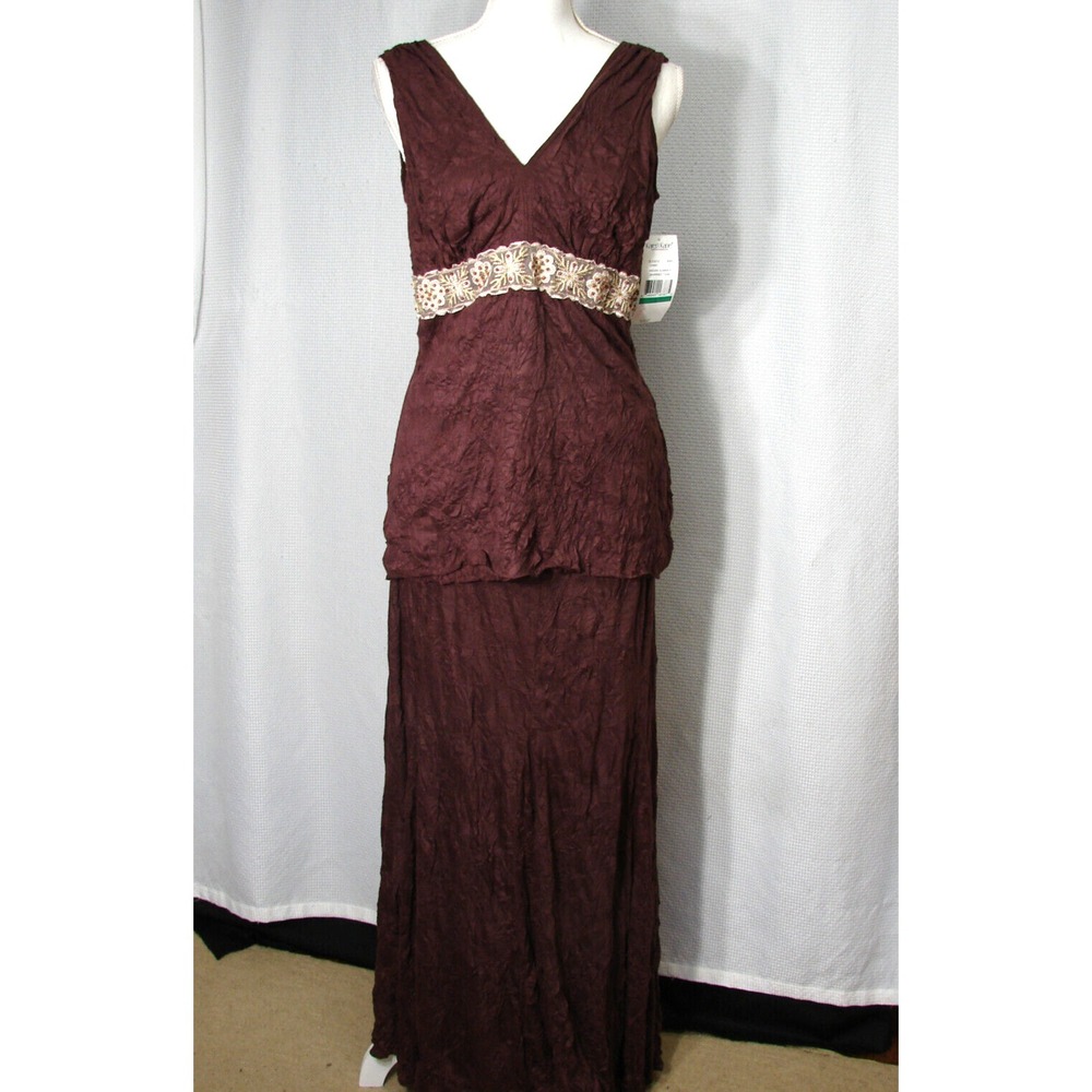 Vtg 2 Piece Karen Kane Brown Indian Summer Crinkle Maxi Skirt Baby Doll Tank Top